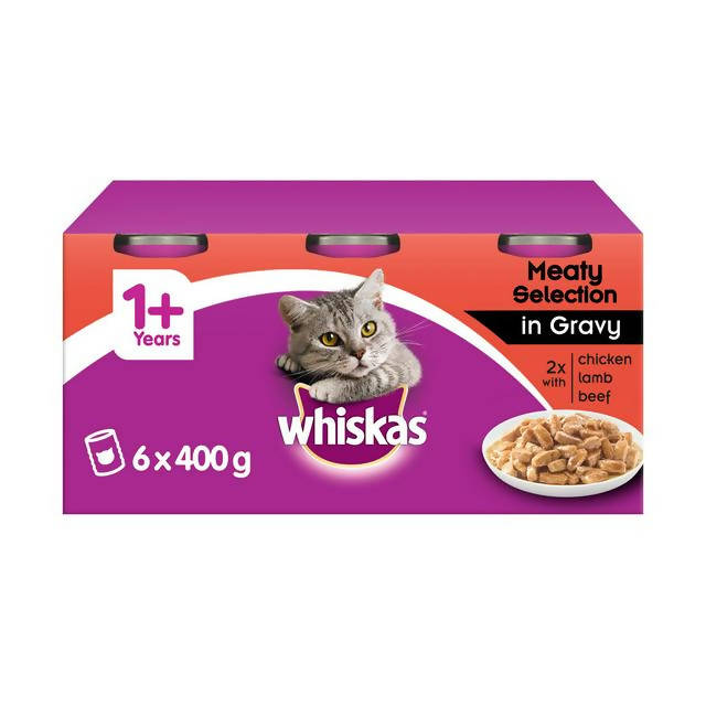Whiskas Adult Wet Cat Food Tins Meaty in Gravy 6 x 400g